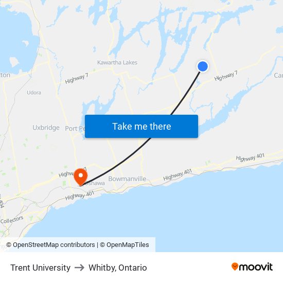 Trent University to Whitby, Ontario map