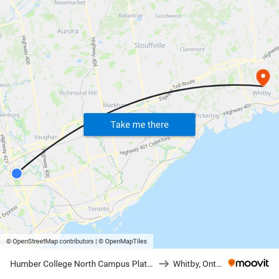 Humber College North Campus Platform 1 to Whitby, Ontario map