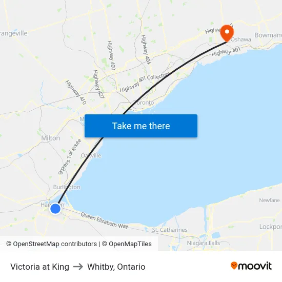 Victoria at King to Whitby, Ontario map