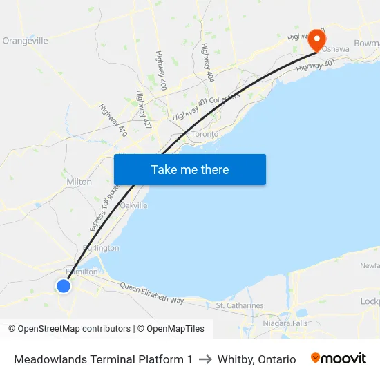 Meadowlands Terminal Platform 1 to Whitby, Ontario map
