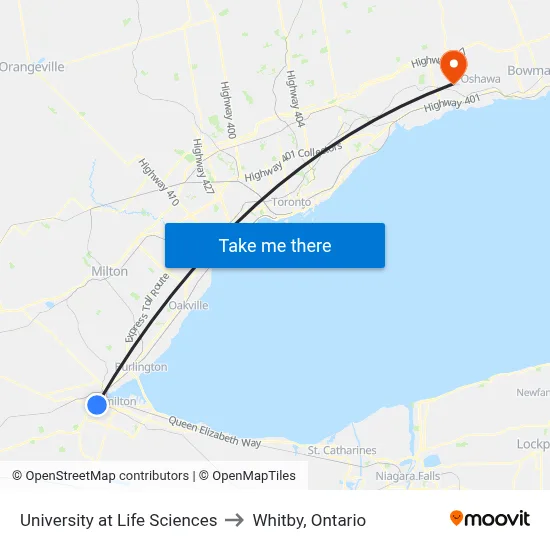University at Life Sciences to Whitby, Ontario map