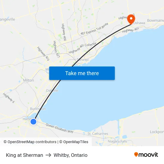 King at Sherman to Whitby, Ontario map