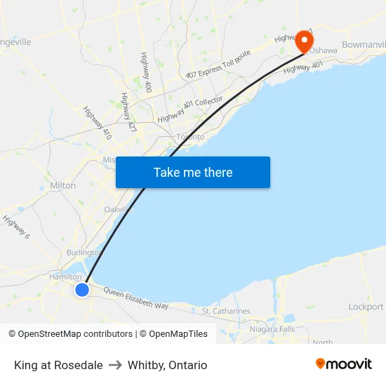 King at Rosedale to Whitby, Ontario map