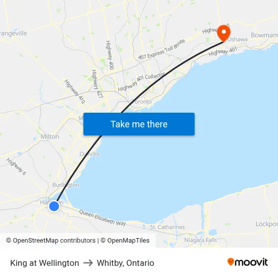 King at Wellington to Whitby, Ontario map