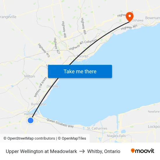Upper Wellington at Meadowlark to Whitby, Ontario map