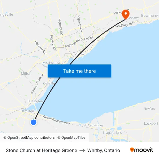 Stone Church at Heritage Greene to Whitby, Ontario map