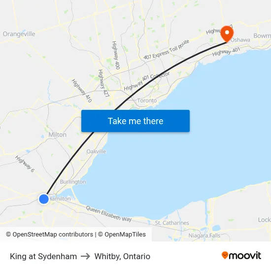 King at Sydenham to Whitby, Ontario map