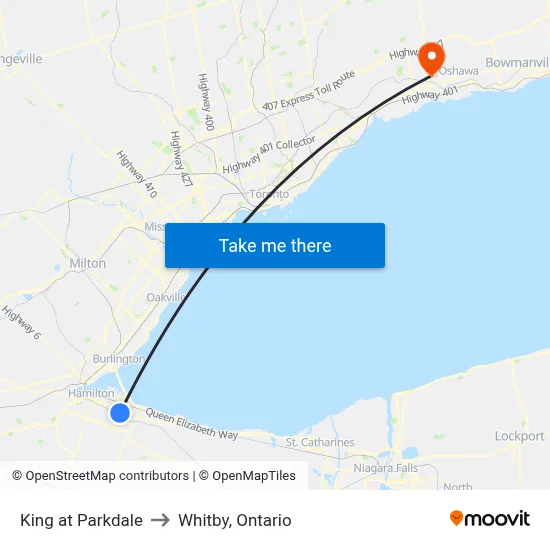 King at Parkdale to Whitby, Ontario map