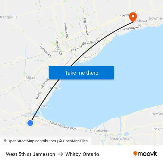West 5th at Jameston to Whitby, Ontario map
