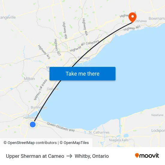 Upper Sherman at Cameo to Whitby, Ontario map