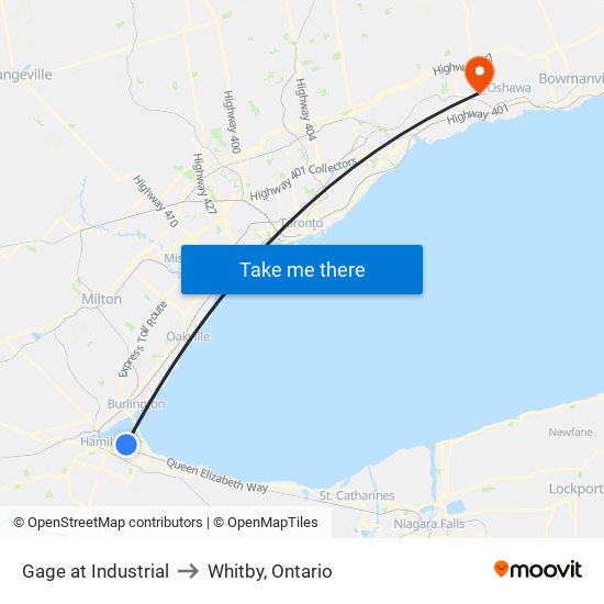 Gage at Industrial to Whitby, Ontario map