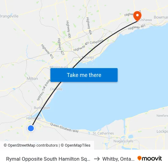 Rymal Opposite South Hamilton Square to Whitby, Ontario map