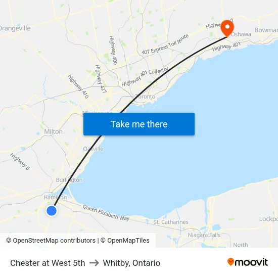 Chester at West 5th to Whitby, Ontario map