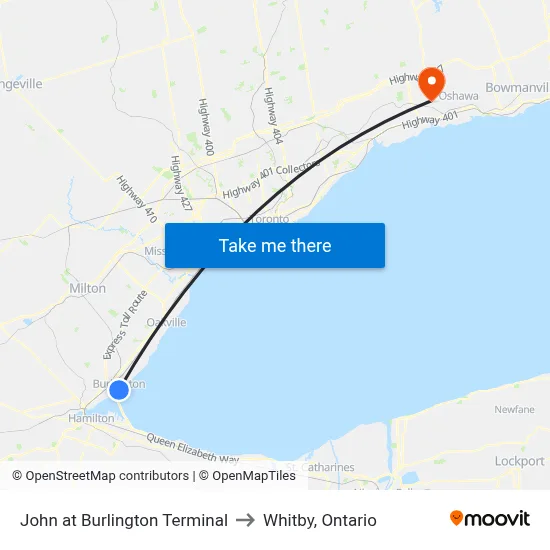John at Burlington Terminal to Whitby, Ontario map