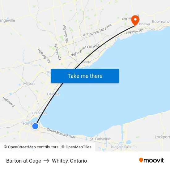 Barton at Gage to Whitby, Ontario map