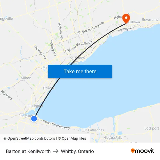 Barton at Kenilworth to Whitby, Ontario map