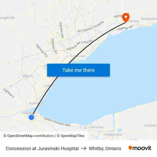 Concession at Juravinski Hospital to Whitby, Ontario map