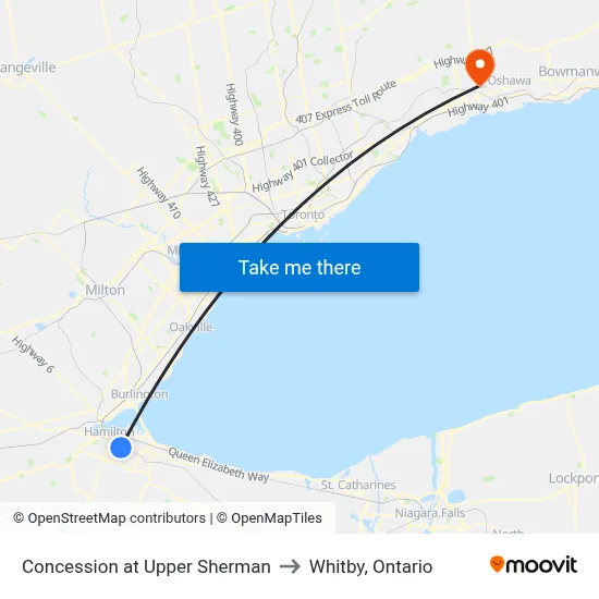 Concession at Upper Sherman to Whitby, Ontario map