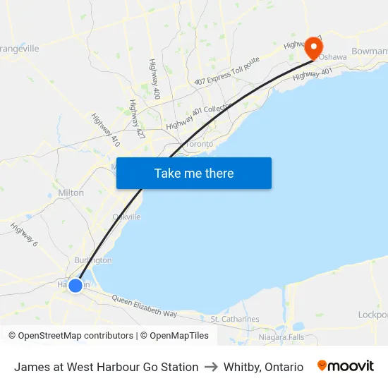 James at West Harbour Go Station to Whitby, Ontario map