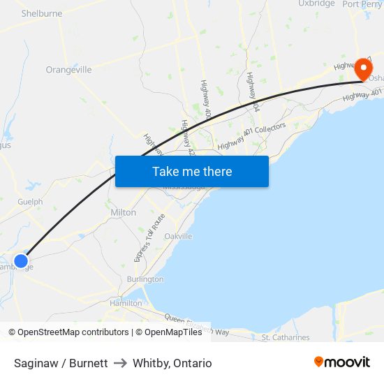 Saginaw / Burnett to Whitby, Ontario map