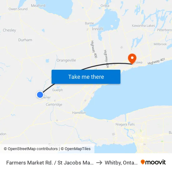Farmers Market Rd. / St Jacobs Market to Whitby, Ontario map