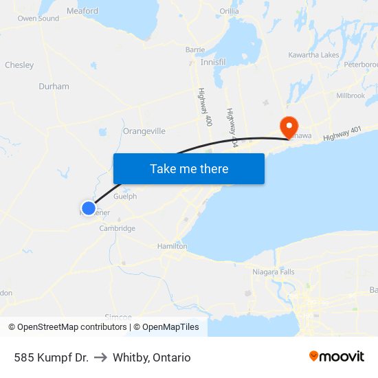 585 Kumpf Dr. to Whitby, Ontario map