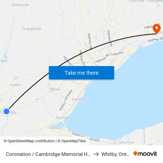 Coronation / Cambridge Memorial Hospital to Whitby, Ontario map
