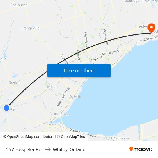 167 Hespeler Rd. to Whitby, Ontario map