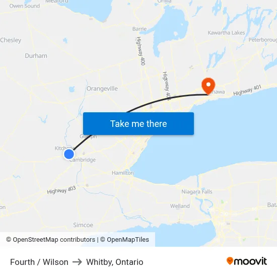 Fourth / Wilson to Whitby, Ontario map