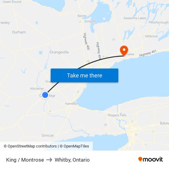 King / Montrose to Whitby, Ontario map