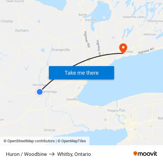 Huron / Woodbine to Whitby, Ontario map