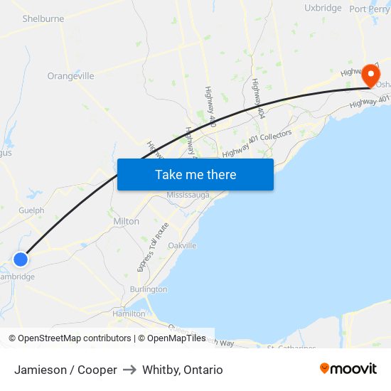 Jamieson / Cooper to Whitby, Ontario map