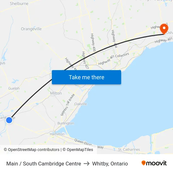 Main / South Cambridge Centre to Whitby, Ontario map