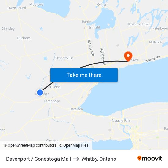 Davenport / Conestoga Mall to Whitby, Ontario map