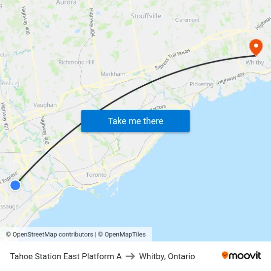 Tahoe Station East Platform A to Whitby, Ontario map