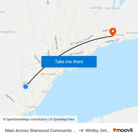 Main Across Sherwood Community Centre to Whitby, Ontario map