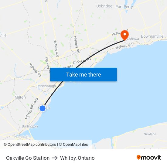 Oakville Go Station to Whitby, Ontario map