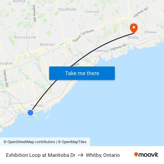 Exhibition Loop at Manitoba Dr to Whitby, Ontario map