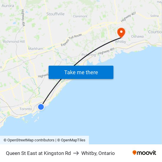Queen St East at Kingston Rd to Whitby, Ontario map