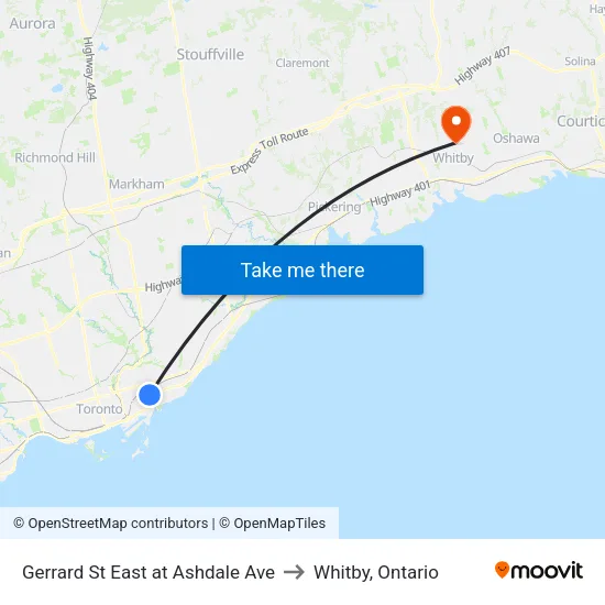 Gerrard St East at Ashdale Ave to Whitby, Ontario map