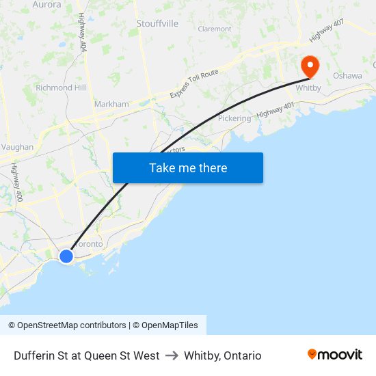 Dufferin St at Queen St West to Whitby, Ontario map