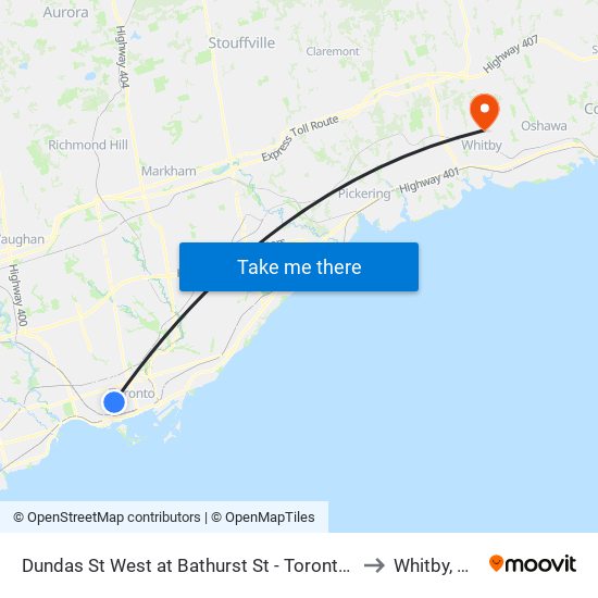 Dundas St West at Bathurst St - Toronto Western Hospital to Whitby, Ontario map