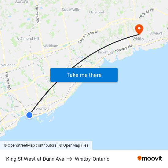 King St West at Dunn Ave to Whitby, Ontario map