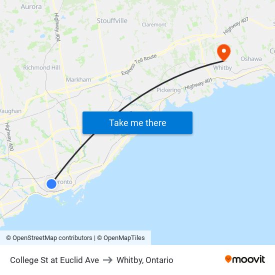 College St at Euclid Ave to Whitby, Ontario map