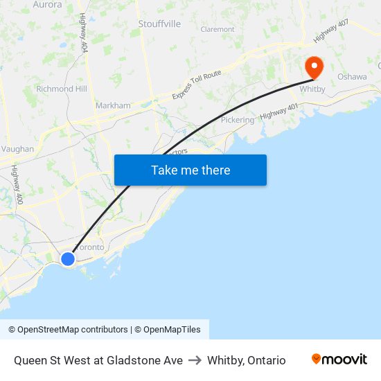 Queen St West at Gladstone Ave to Whitby, Ontario map
