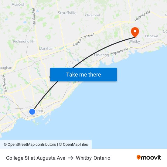 College St at Augusta Ave to Whitby, Ontario map