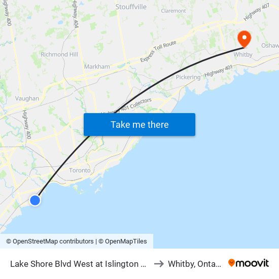 Lake Shore Blvd West at Islington Ave to Whitby, Ontario map