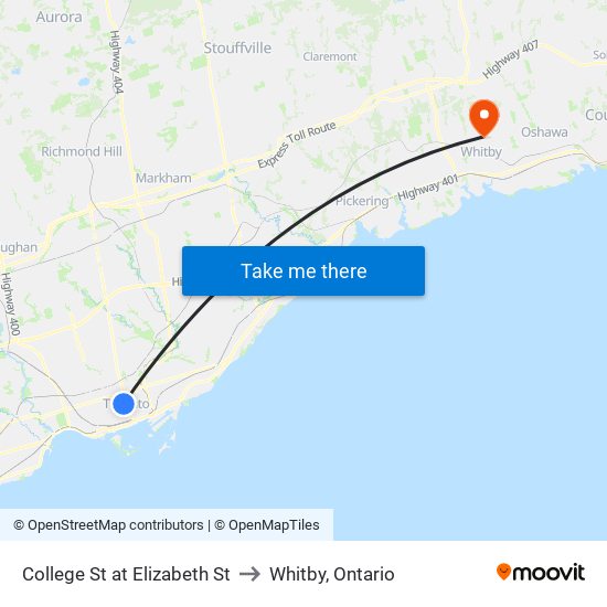 College St at Elizabeth St to Whitby, Ontario map