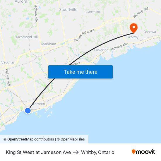 King St West at Jameson Ave to Whitby, Ontario map