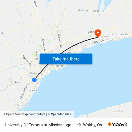 University Of Toronto at Mississauga Campus to Whitby, Ontario map